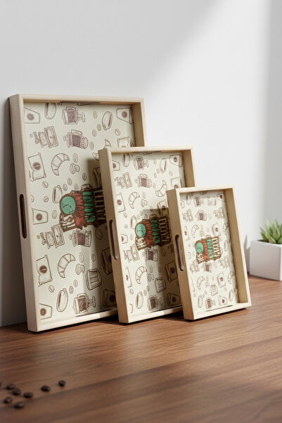 EVCİME Ahşap 3'lü Set Karışık Desenli Dekoratif Sunum Tepsisi