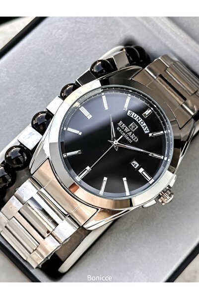 Reward Men's Wristwatch, Black Dial, Silver Color Steel Band, Stylish Box with Calendar, Bracelet Gift