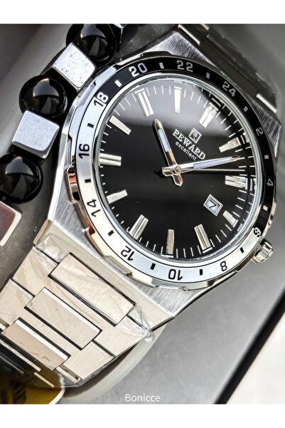 Reward Men's Wristwatch, Black Dial, Silver Color Steel Band, Stylish Box with Calendar, Bracelet Gift