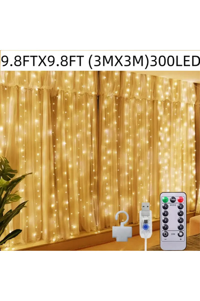 Go İthalat 300 Ledli 10 Sarkıt Perde Led Işık-8 Fonksiyon, Uzaktan Kumandalı, 3x3 Metre (5224)