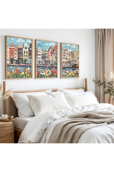 woodhomeworks Wooden Framed 3 Piece Abstract Painting Home Amsterdam Qmrc