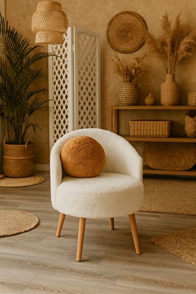 WEBPANYA MOBİLYA Gürgen Ahşap Ayak Kırık Beyaz Welsoft Kumaş Dekoratif Berjer Puf Makyaj Masası TOP KIRLENT HEDİYELİ