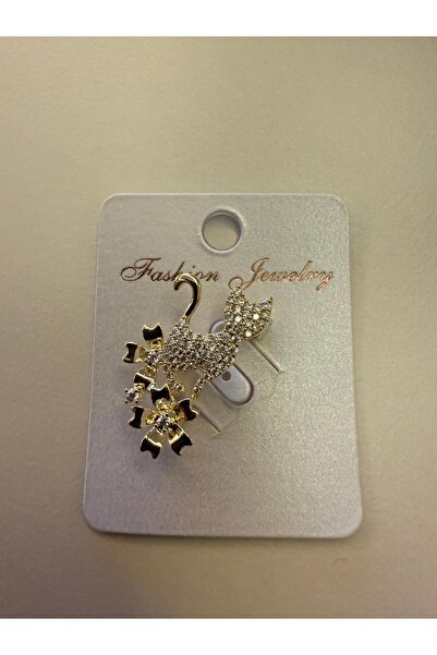 Fashion Jewellery GOLD RENK TAŞLI ÇİÇEKLİ MİNİK KEDİ TEMALI TASARIM BROŞ