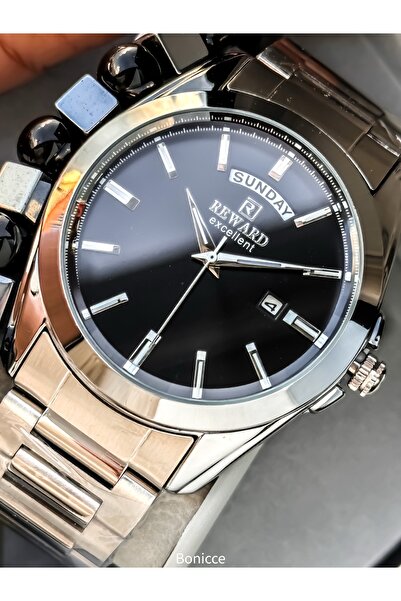 Reward Men's Wristwatch, Black Dial, Silver Color Steel Band, Stylish Box with Calendar, Bracelet Gift
