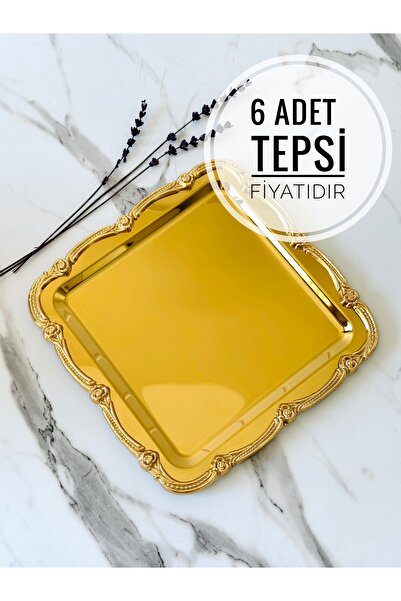 Melinda 6 Adet Fiore Kare Tepsi Gold-Gold Paslanmaz Çelik Çay Kahve Servis Su...