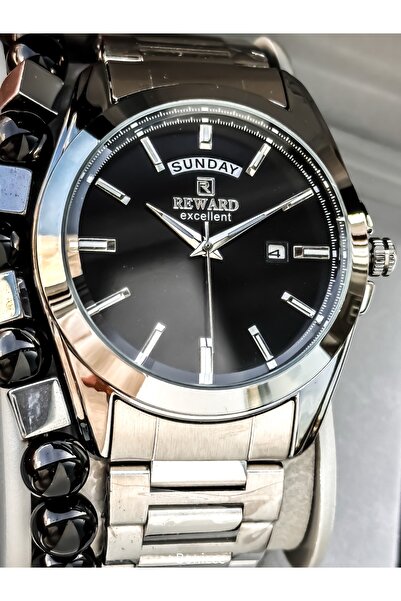 Reward Men's Wristwatch, Black Dial, Silver Color Steel Band, Stylish Box with Calendar, Bracelet Gift