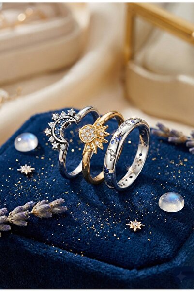 Köstebek Sun - Moon - Star Triple Engraved Adjustable Ring Set