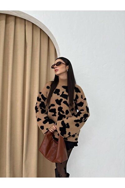 cheen Leopard Patterned Trendy Half Fisherman Top Knitwear