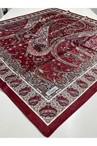 Picasso İpek Görünümlü Bordo Etnik Desenli Kristal Eşarp – Twill Şık Tasarım 90x90