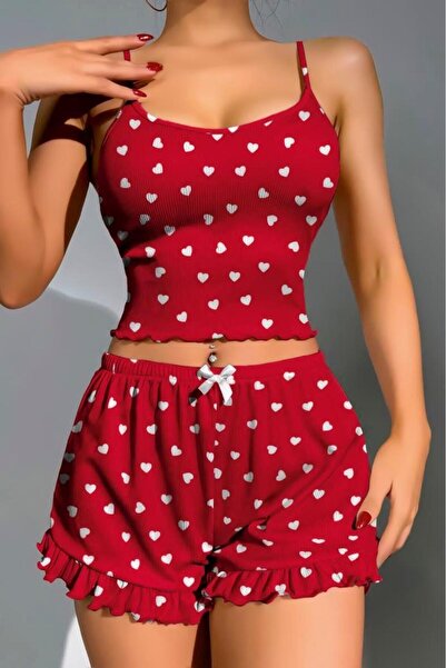 M MERC Giyim Cotton Red over White Heart Pattern Ribbed Strap Shorts Pajama Set