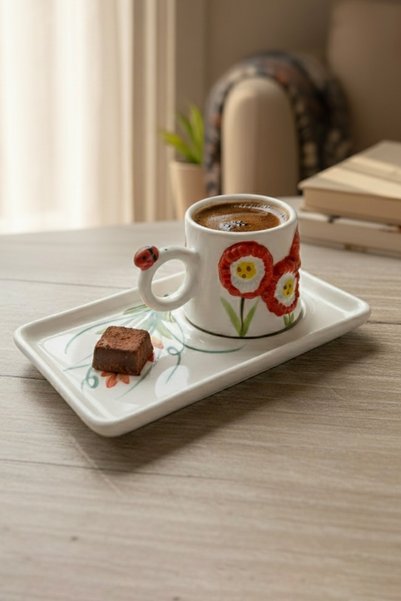 evcime Handmade Red Floral Single Person 2 Piece Ceramic Coffee Cup Set