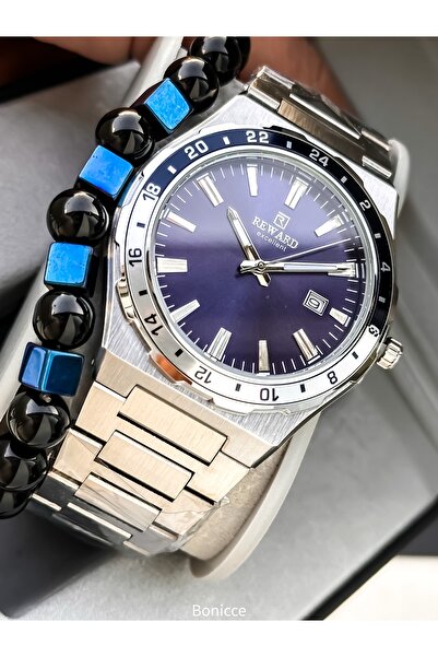 Reward Men's Wristwatch, Navy Blue Dial, Silver Color Steel Band, Stylish Box...