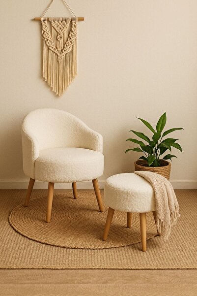 WEBPANYA Gürgen Ahşap Ayak Kırık Beyaz Welsoft Kumaş Dekoratif Berjer Puf Makyaj Masası PUF HEDİYELİ