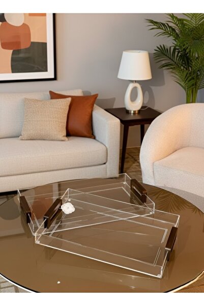 Alamtiaz Two-piece acrylic and wooden serving tray set with wooden handles