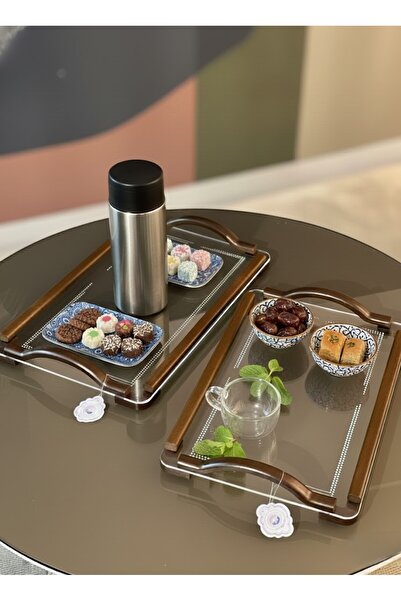 Alamtiaz Two-piece acrylic and wooden serving tray set with wooden handles