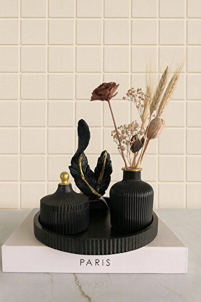 Zigzag Home Decorative 4 Piece Bohemian Style Special Design Vase, Leaf Figurine, Striped Tray Box Set with Lid