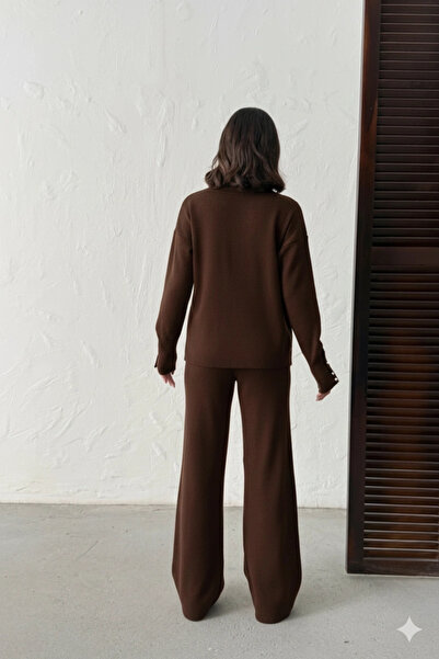 Lusin Women's Bitter Brown Sleeve Button Detailed Blouse Skirt Bottom Top Two-Piece Knitwear Set