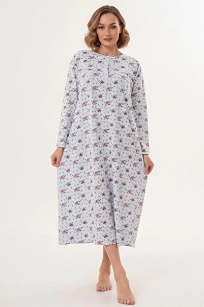 Mecit Pijama Plus Size Long Sleeve Women's (Mom) Nightgown Floral Print Mom Nightgown 100% Cotton
