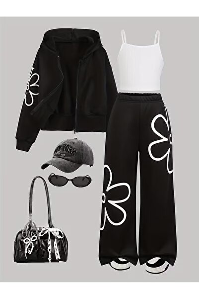 buendiakids Kız Çocuk 3'lü Papatya Baskılı Siyah Fermuarlı Alt-Üst Takım