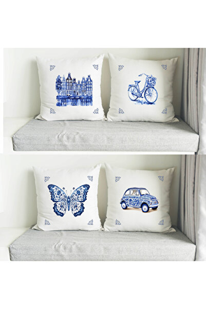 cuboo home Blue Tile and City Themed Custom Design 4-Piece Cushion Cover Set 43X43 cm