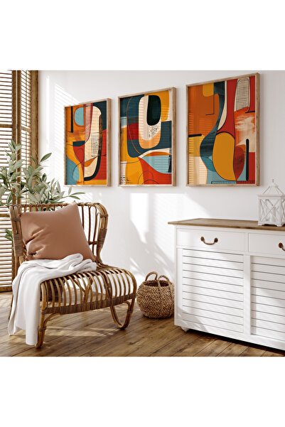 woodhomeworks Ahşap Çerçeveli 3 Lü Soyut Tablo bohem