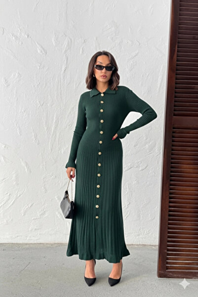 Lusin Women's Nefti Green Gold Button Detailed Corded Fabric Long Knitwear Dress (New Color)