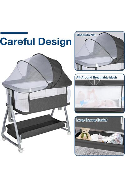 232LAMP Adjustable Height Foldable Baby Bed with Large Storage Basket and Detachable Mosquito Net