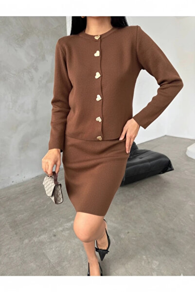 Lusin Women's Brown Gold Heart Button Detailed Cardigan Skirt Double Knitwear Set (New Color)