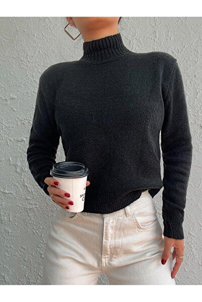 Miss Poem Women's High Neck Turtleneck Long Black Knit Sweater