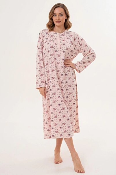 By Mecit Pijama Plus Size Long Sleeve Women's (Mom) Nightgown Floral Print Mom Nightgown 100% Cotton
