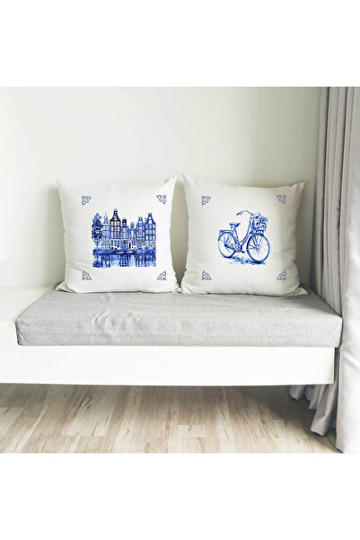 cuboo home Blue Tile and City Themed Custom Design 4-Piece Cushion Cover Set 43X43 cm