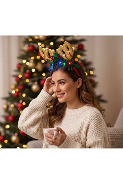 Tatlı Sebep New Year's Concept Crown with Illuminated Gold Sequin Detailed Deer Antler Figure (3 Light Modes)