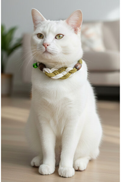 balkonda طوق قابل للتعديل للقطط مصنوع من خيط المكرامية باللون الأبيض والأخضر مع جرس