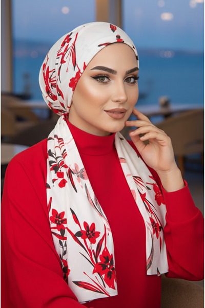 Aişe tesettür Beyaz Kırmızı Çiçekli Eşarp Bone