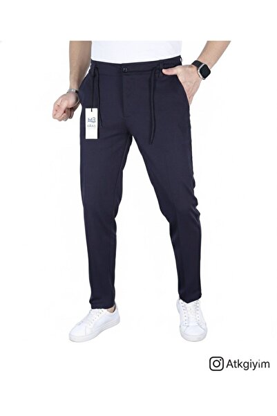 ATKGİYİM بنطلون رجالي من القماش ذو قصة عادية بأزرار وخصر مرن ورباط كاجوال أسا...