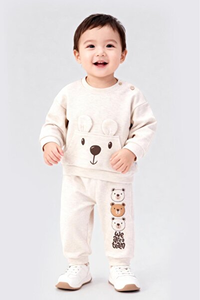 baby flamindo Combed Cotton Bear Printed Seasonal Pajama Set with Ear Detail