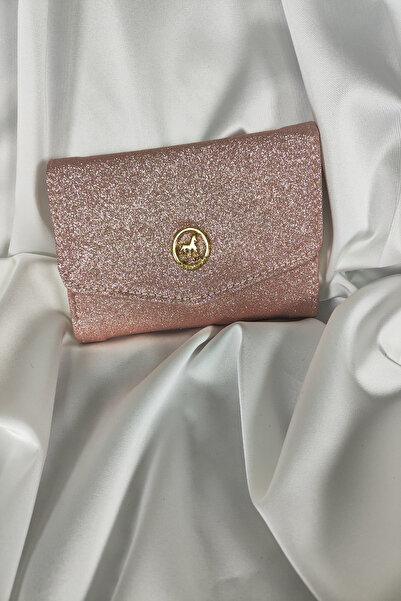 Leaf Accessory Simli Toz Pembe Kadın Cüzdanı Çıtçıtlı Kapaklı, Bozuk Para Gözlü, Kartlık Bölmeli