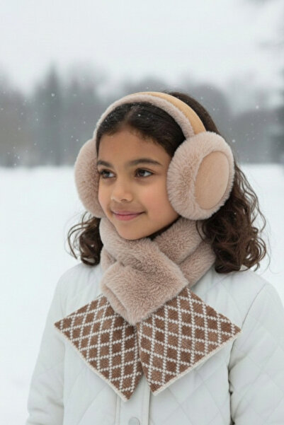 shop Krem Peluş Kulaklık ve Atkı Seti - Yumuşak Tüylü Boyunluk ve Kulaklık Ço...