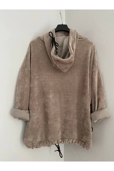 AYASOFYA OTANTIK Women's Italian Mink Hooded Raffia Pattern Casual Velvet Blouse Sweatshirt Cap