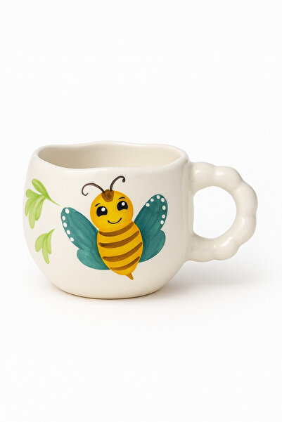 Handmade Ceramic Mug with Bee and Hive Pattern – Cream Coffee Mug with Handle
