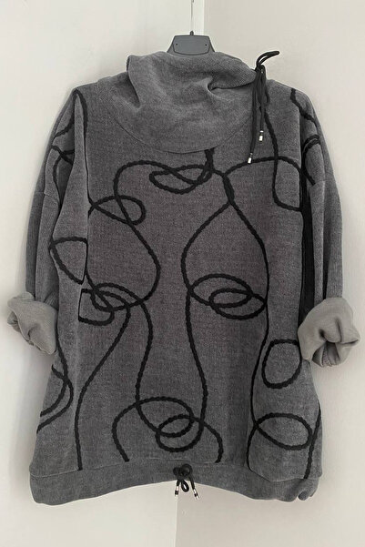 AYASOFYA OTANTIK Women's Italian Gray Hooded Raffia Pattern Casual Velvet Blouse Sweatshirt Cap