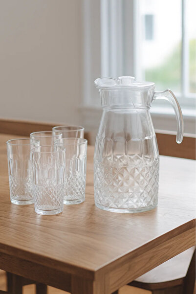 Urbanza Glass Jug with 6 Drinking Glasses Set – Premium Diamond Cut Water & Juice Serving Set