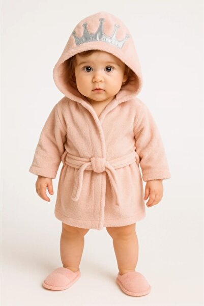 Superbaby Set halat si papuci Bebekevi roz cu gluga coronita – 6-12 luni