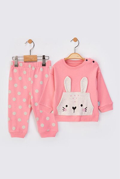 baby flamindo Cotton Dot Printed Bunny Ear Detailed Two-Piece Seasonal Pajama Set