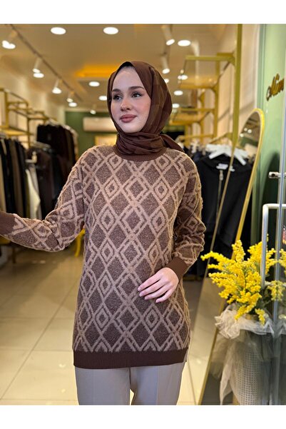 Tığ Triko Patterned Crew Neck Tunic 21614 Brown