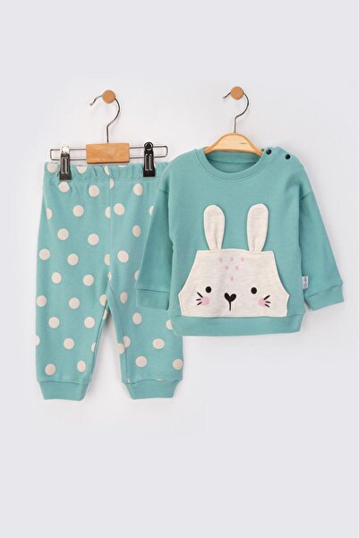 baby flamindo Cotton Dot Printed Bunny Ear Detailed Two-Piece Seasonal Pajama Set