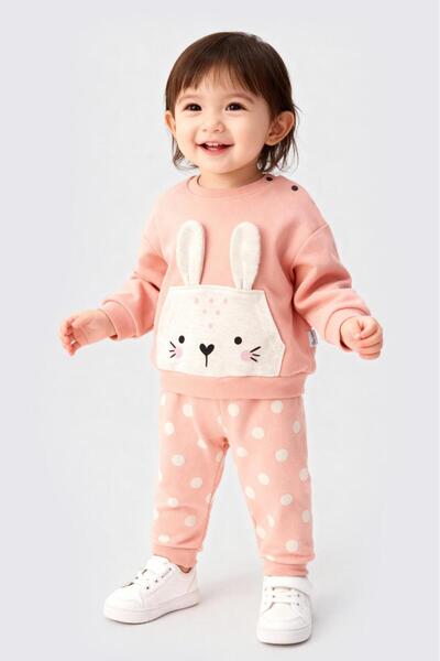 baby flamindo Cotton Dot Printed Bunny Ear Detailed Two-Piece Seasonal Pajama Set