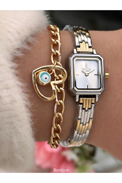 Reward ساعة يد نسائية بتصميم بسيط، سوار فولاذي أصفر، مع سوار هدية