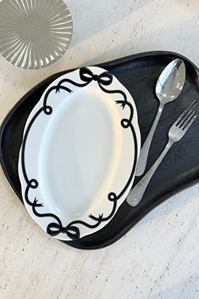 porselenden Bow Tie 2-Piece 30 cm Large Size Porcelain Black Mezelik Boat Plate with Ribbon Pattern (2 Pcs)