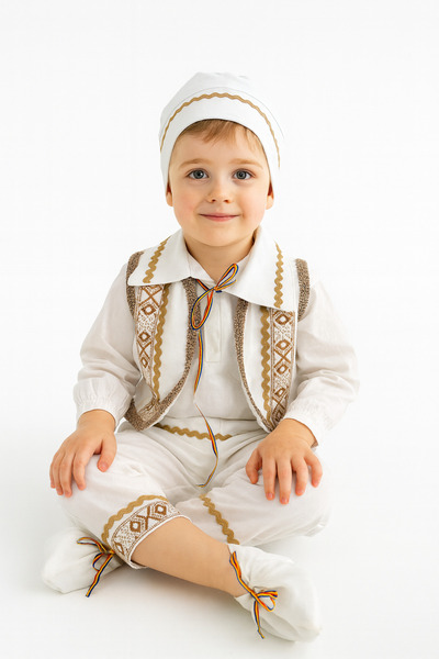 kashida Set Costum Tradițional Românesc pentru Băieți Crem - 3 piese - FABRIC...